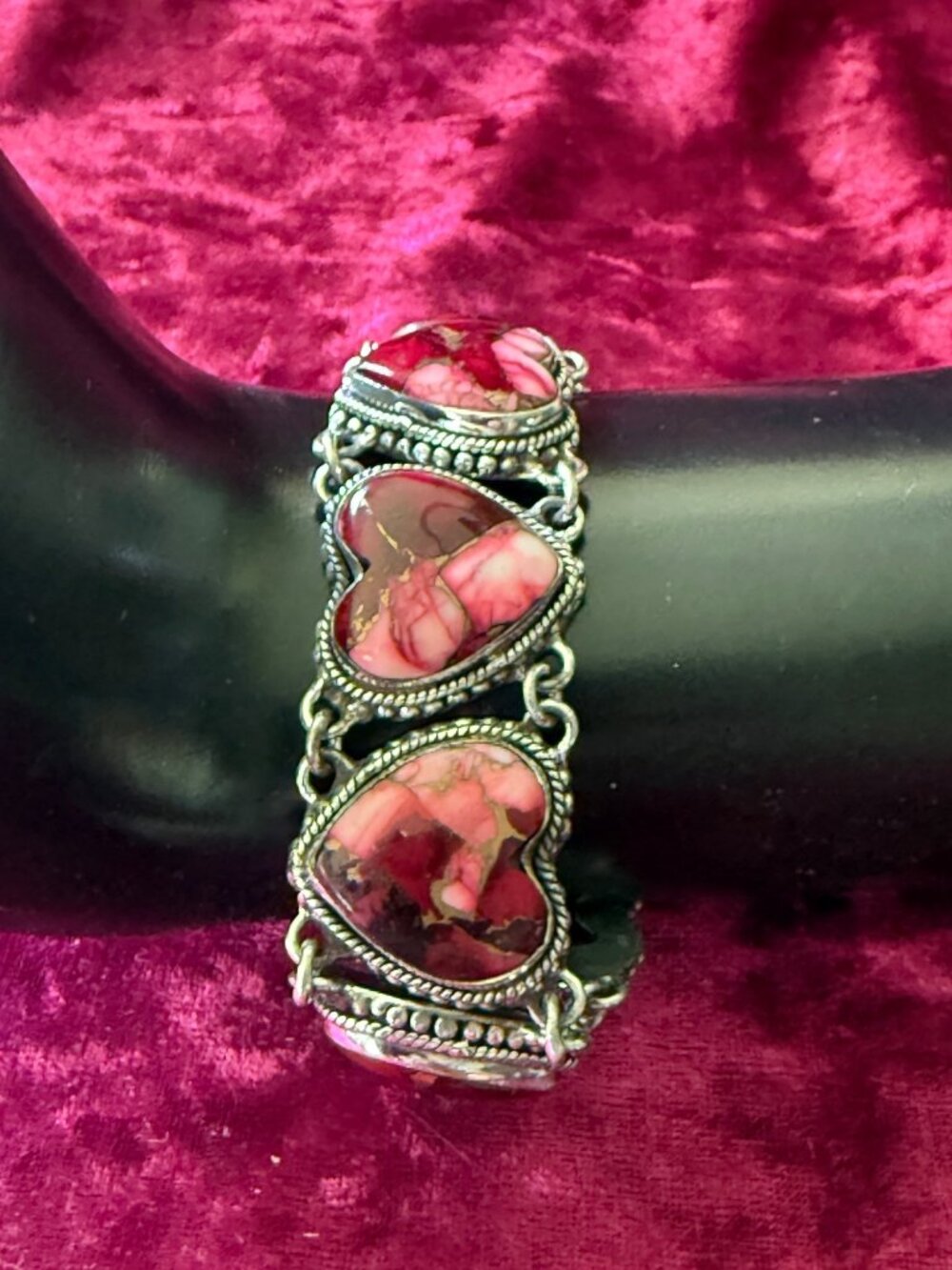 Silver Tone Heart Bracelet Red Rose Dahlia Inlay Adjustable Clasp 7-8 Inches